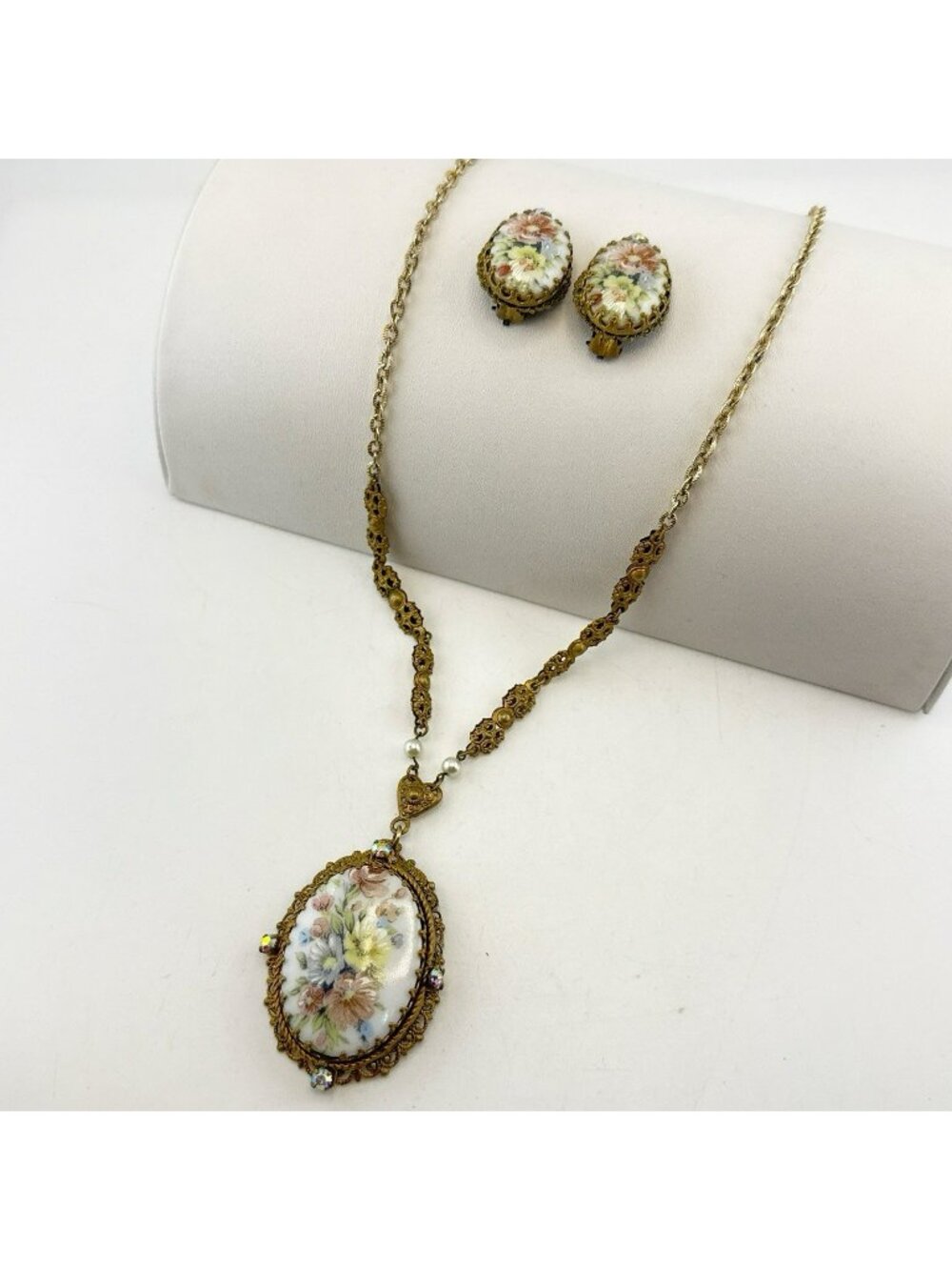 Vintage West Germany Necklace Earring Set Floral Painted Porcelain Rhinestone